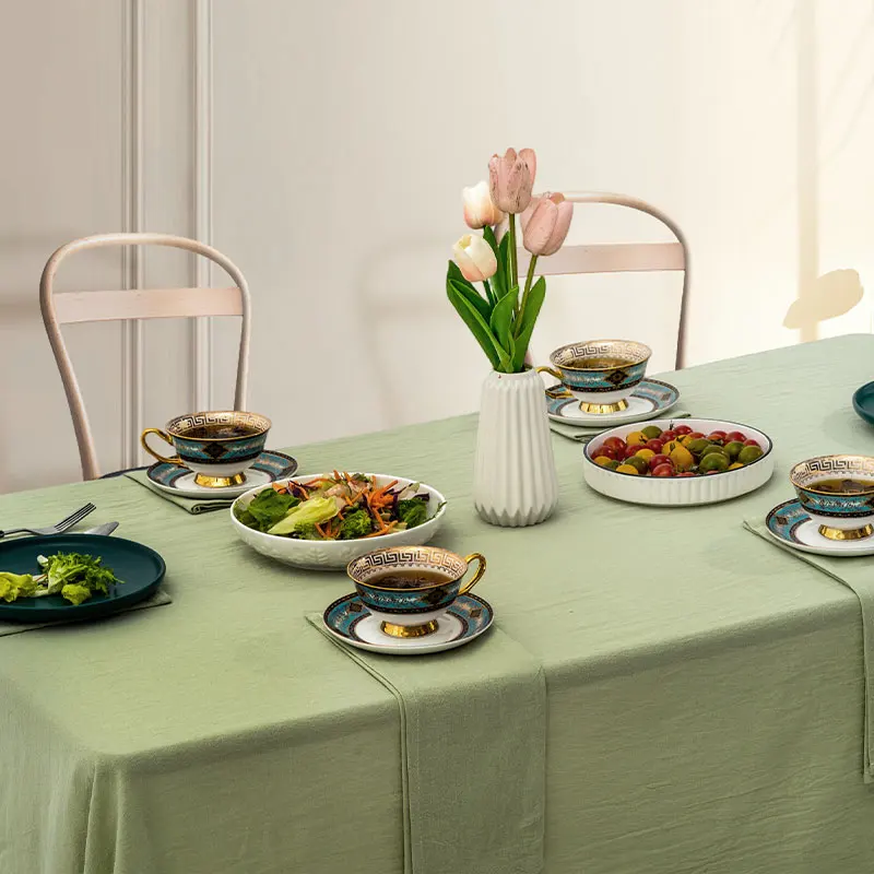 Farmhouse Style Household Tablecloth Wedding Party Holiday Kitchen Tablecloth Soft Pleated Texture Green Tablecloth