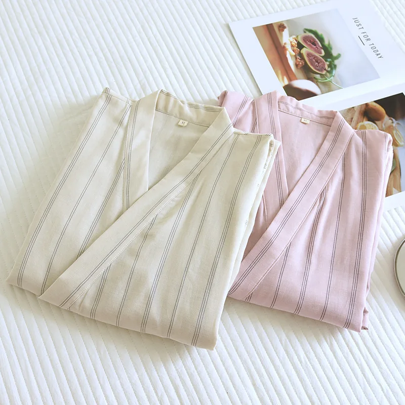 Spring Summer Women and Men Japanese Kimono Sleep Robe Gauze Cotton Couples Casual Striped Nightgown Home Pajama Robe