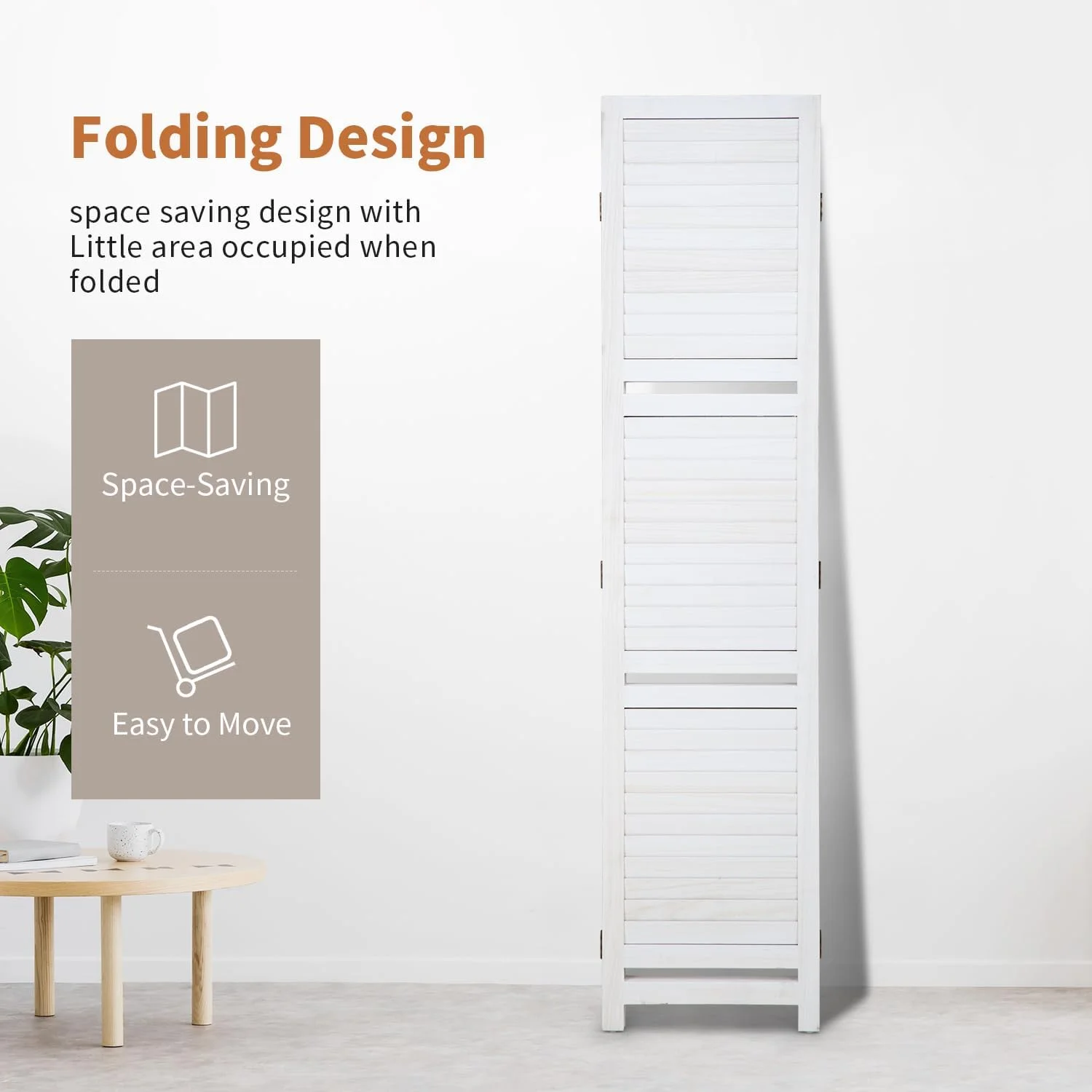 Room Divider 4 Panel Folding Wood 5.6 Ft Tall Privacy Screen Dividers Wall with Three Shelves Portable Partition (White)