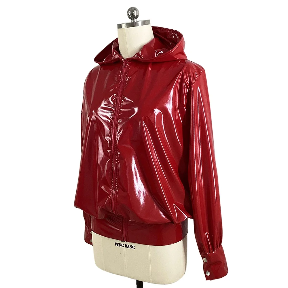 Men's Wetlook Jackets Fashion Hoodies Long Sleeve Zipper Hooded Coats Casual High Street Male Tops Jackets Shiny PVC Clubwear 2