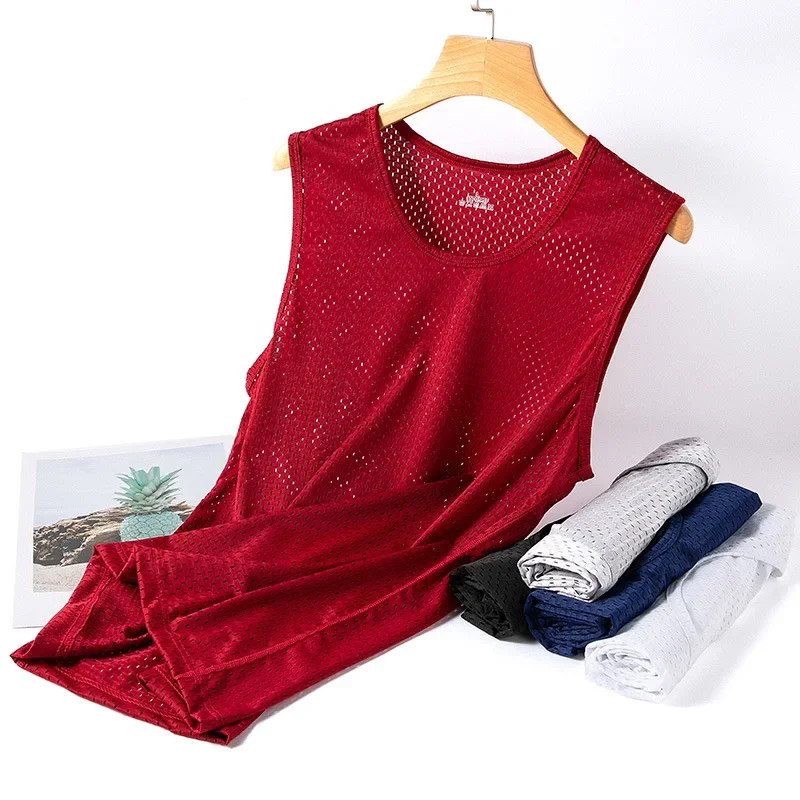 Men's Ice Silk Mesh Vest Thin Fit Summer Sporty Sleeveless Tank Top Underwear Home Clothes Inner Wear Dry Fit Quick Dry Breathab
