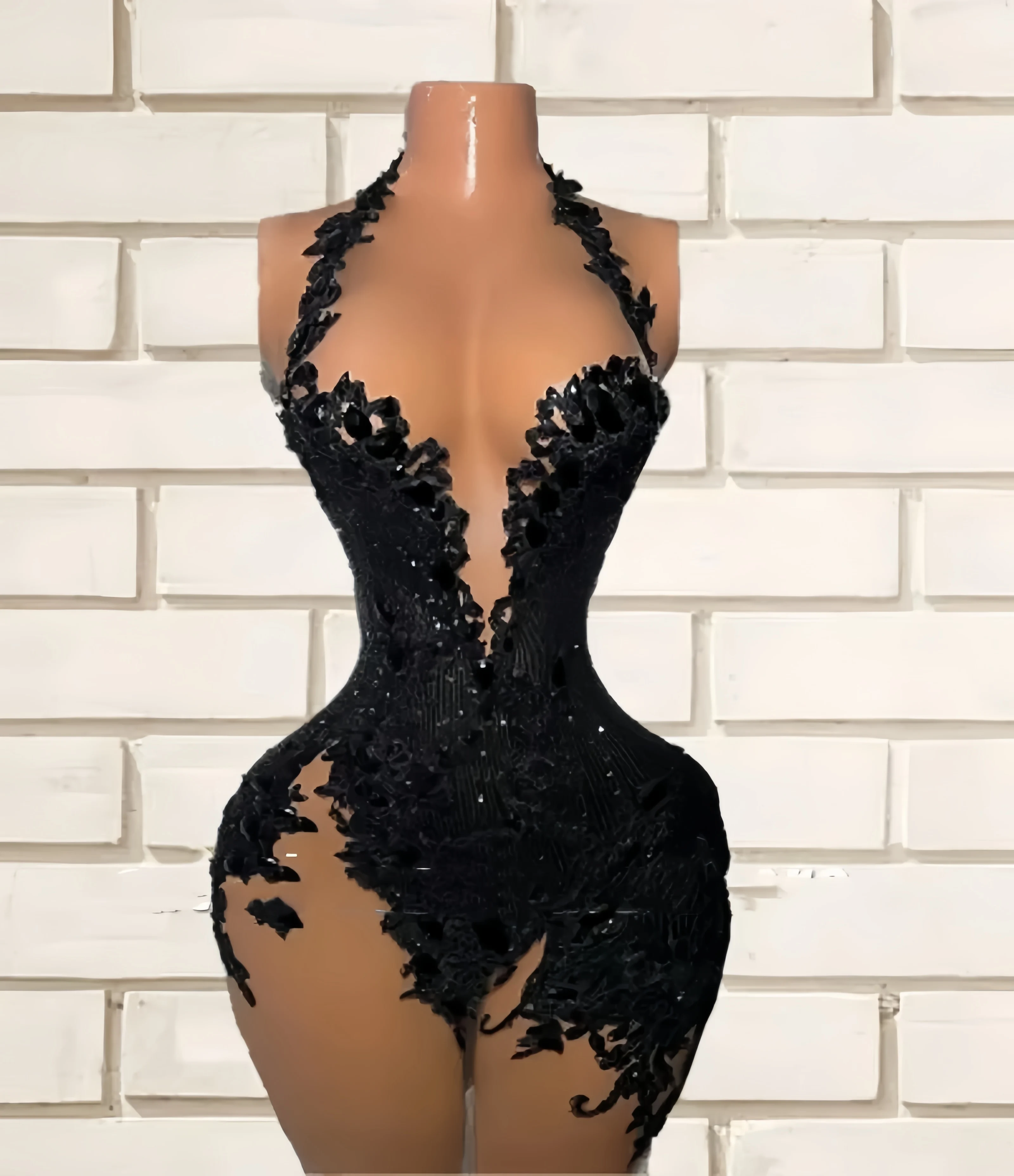 Customized African Black Mini Short Prom Dresses For Women Sexy Lace Applique Sleeveless Vestido De Party Cocktail Evening Dress