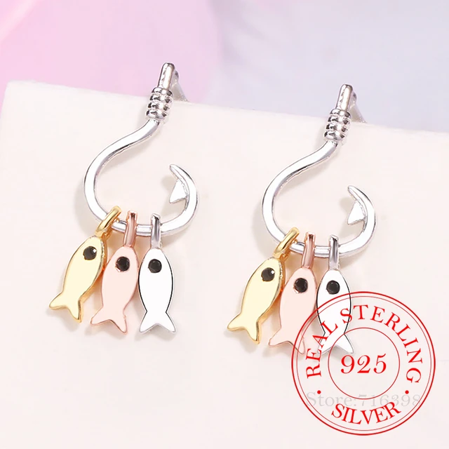 100% Real 925 Sterling Silver 3 Colors Fish Hook Dangle Earrings for Women  Unique Design