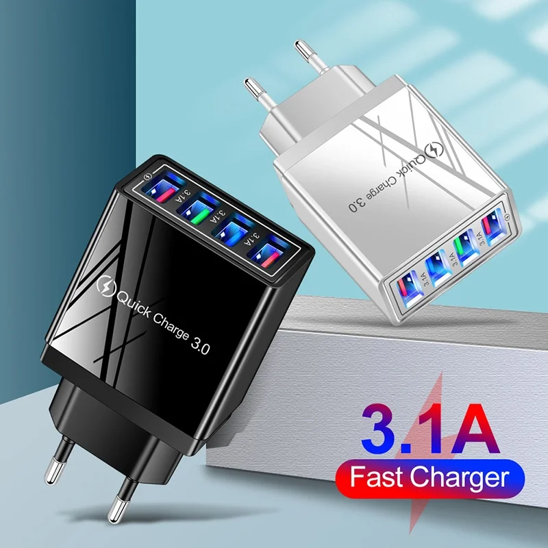 EU Plug USB Charger with 4-Port 3.1A Quick Charge Adapter