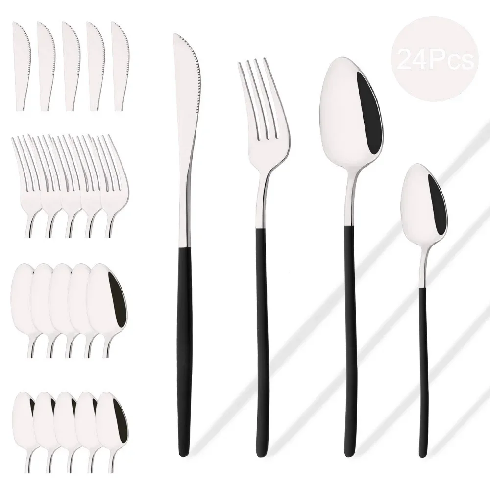 Western Cutlery Set 24 Piece Tableware Set Stainless Steel Dinnerware Black Silver Spoon Fork Knife Dinner Set Home Flatware