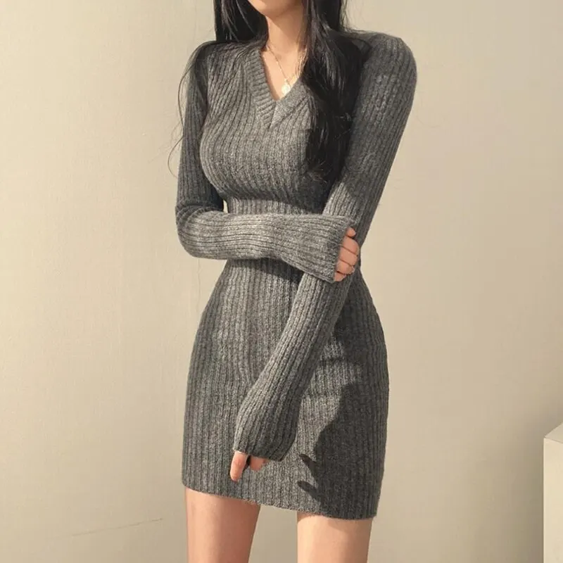 Solid Sweater V-Neckline Above Knee Bodycon Dress