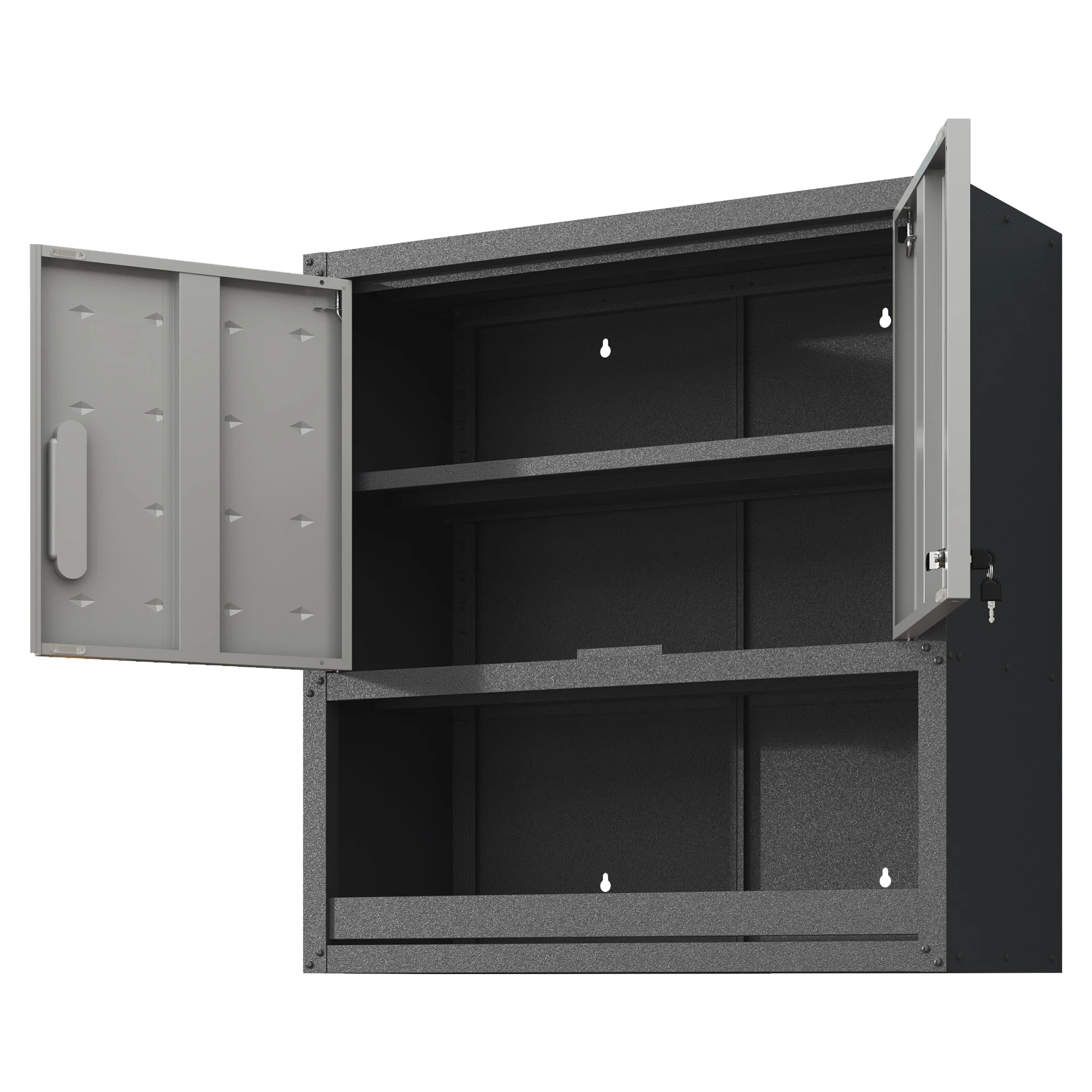 Wandmontierter Werkzeugschrank aus Metall mit abschließbarer Tür, 1 Regal und 1 offener Schublade – 75 × 77 × 30 cm, grau, für Garage, Lager – Detail 14