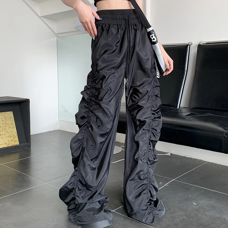 

Solid Black Gothic Long Pants For Women Shirring Pleated Full Length Wide Leg Pant 2023 Spring Elastic Waist Street Trousers