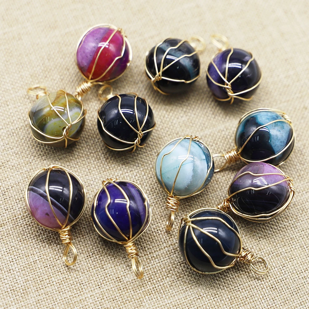 New Natural Agates Stones Pendants Round Bead Shape Onyx Copper Wire DIY Jewelry Bracelets Necklace Making Accessories Wholesale
