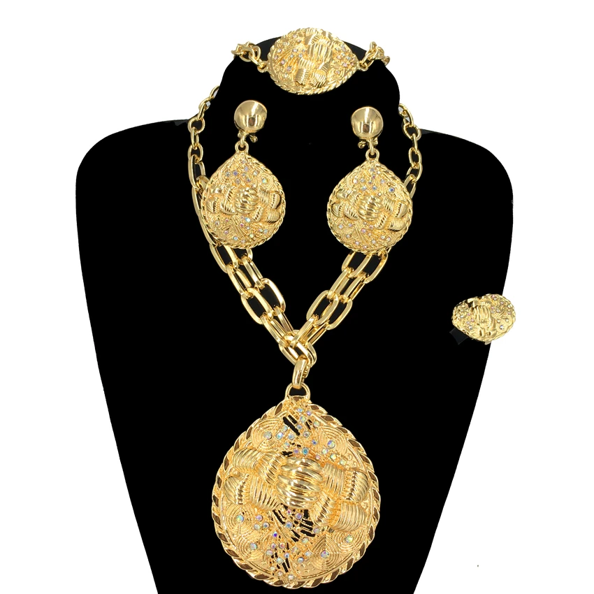 2022 Hot Selling Brazilian Dubai Italian Gold Plated Jewelry Women's Wedding Party Banquet Big Pendant Jewelry Sets FHK13725 3