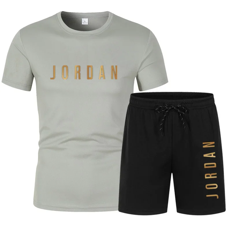 2026 Summer hot selling men's sports suit JORDAN printed casual T-shirt+shorts two-piece running set breathable quick drying