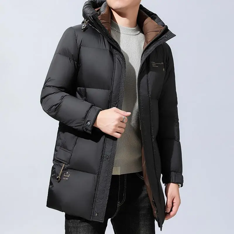 Casual Men's Winter Mid-Length Hooded 90% White Duck Down Jackets Outwear Windproof Warm Black Long Puffer Coat Thick Top Parkas
