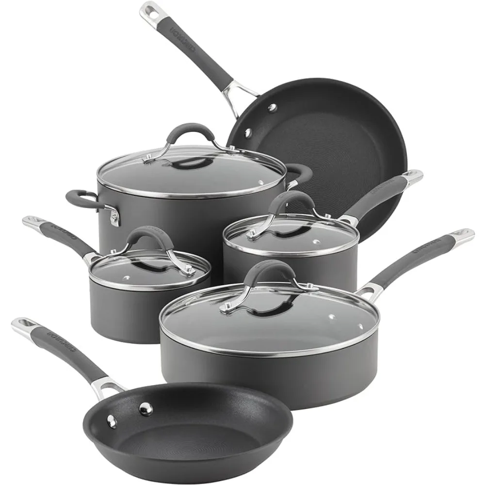 

Hard Anodized Nonstick Cookware Pots and Pans Set 10 Piece Cooking Pot Set Kitchen Kit Appliances Dining