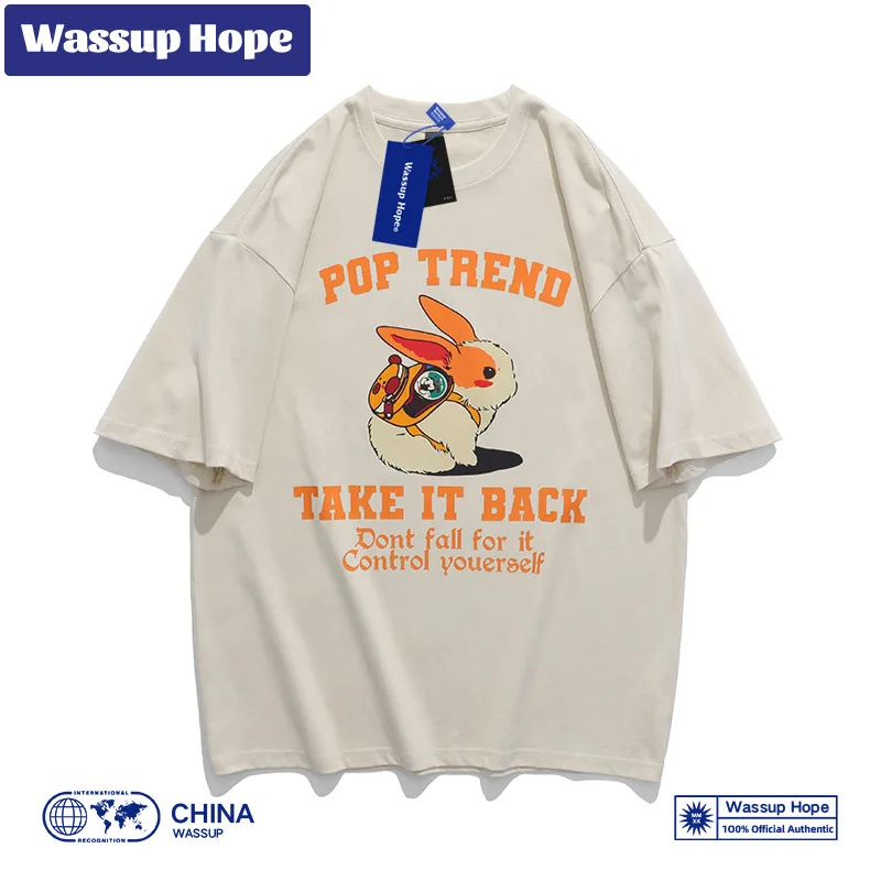 

Wassup надпись Американский мультфильм кролик принт с коротким рукавом мужская летняя свободная парная Модная брендовая футболка