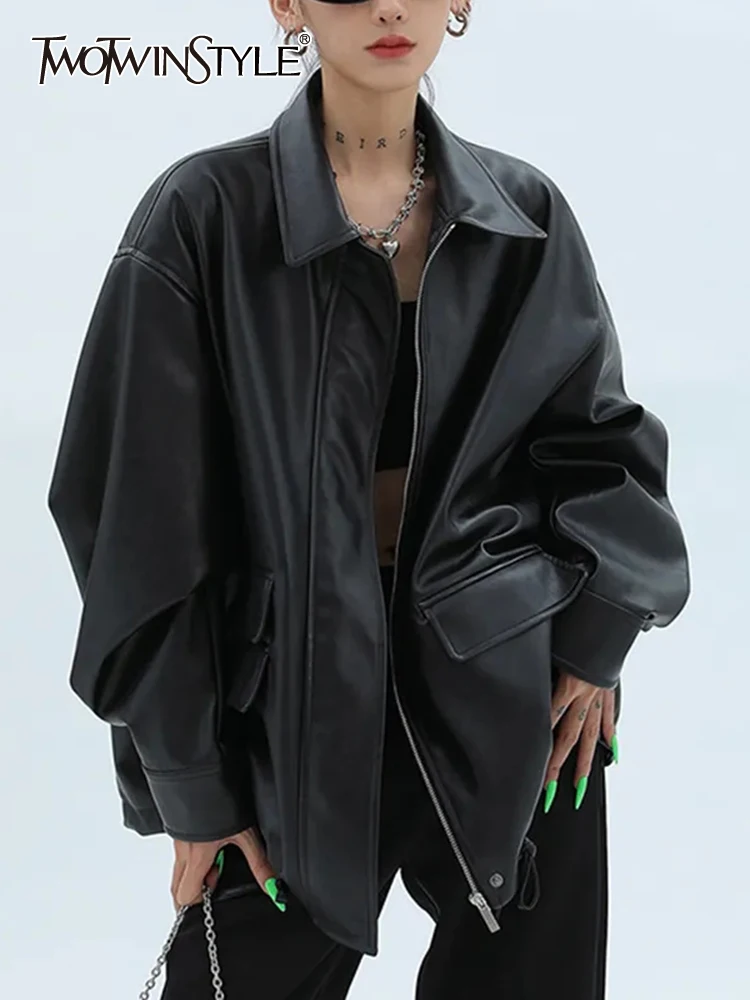 

TWOTWINSTYLE Solid Leather Jackets For Women Lapel Long Sleeve Patchwork Zipper Vintage Minimalist Jacket Female Fashion Clothes
