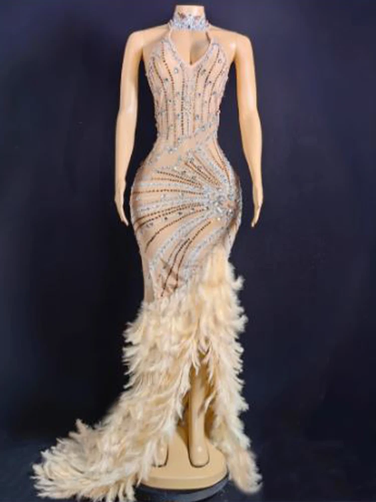 

High Quality Hot Diamond Sexy Hanging Neck Open Back Feather Split Dress 2024 New Fashion Customized Women'S Clothing