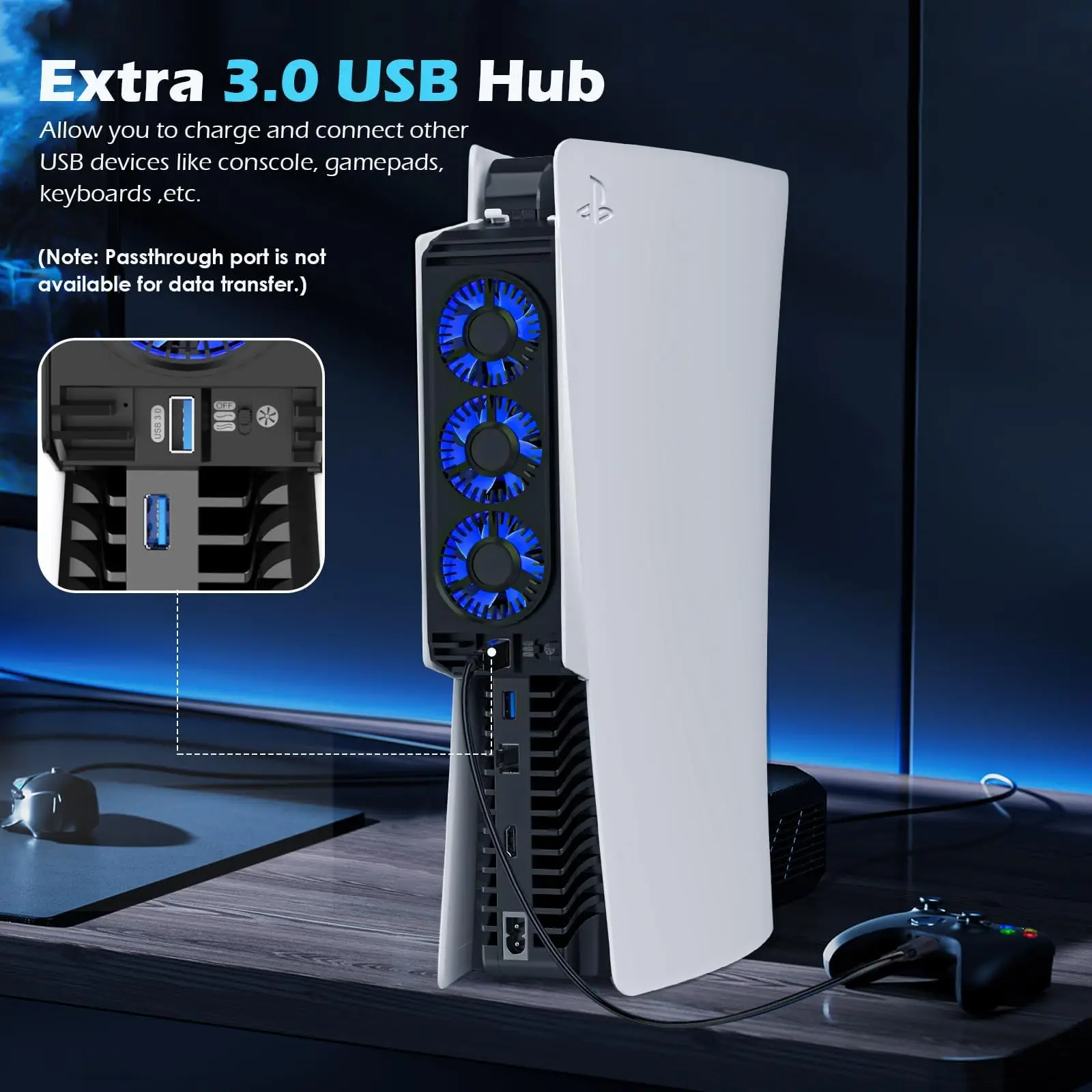 High Performance Horizontal Cooling Fan for PS5,Quiet Cooler Fan with LED Light and USB3.0 Hubs for PS5 Disc and Digital Edition