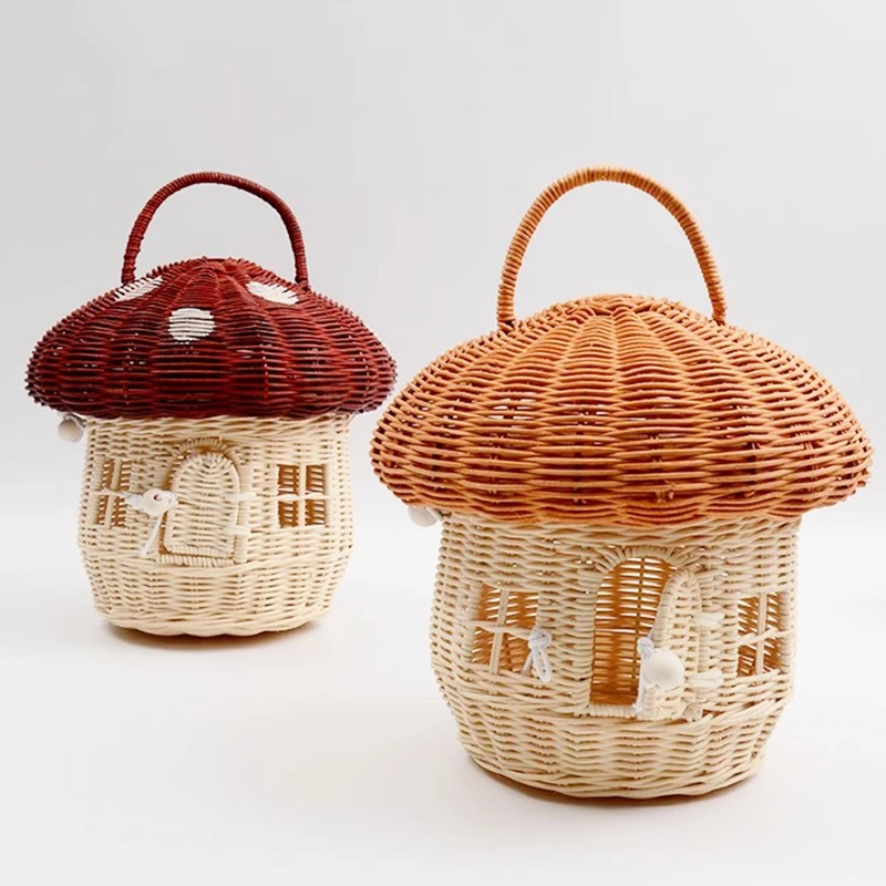 Mushroom Basket Bag Rattan Storage Wicker Kids Handbag Beach Straw