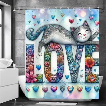 Cartoon Cat Shower Curtain Love Text Bathroom Decor 70.9x70.9inch Waterproof Shower Curtain with Free Installation Hooks
