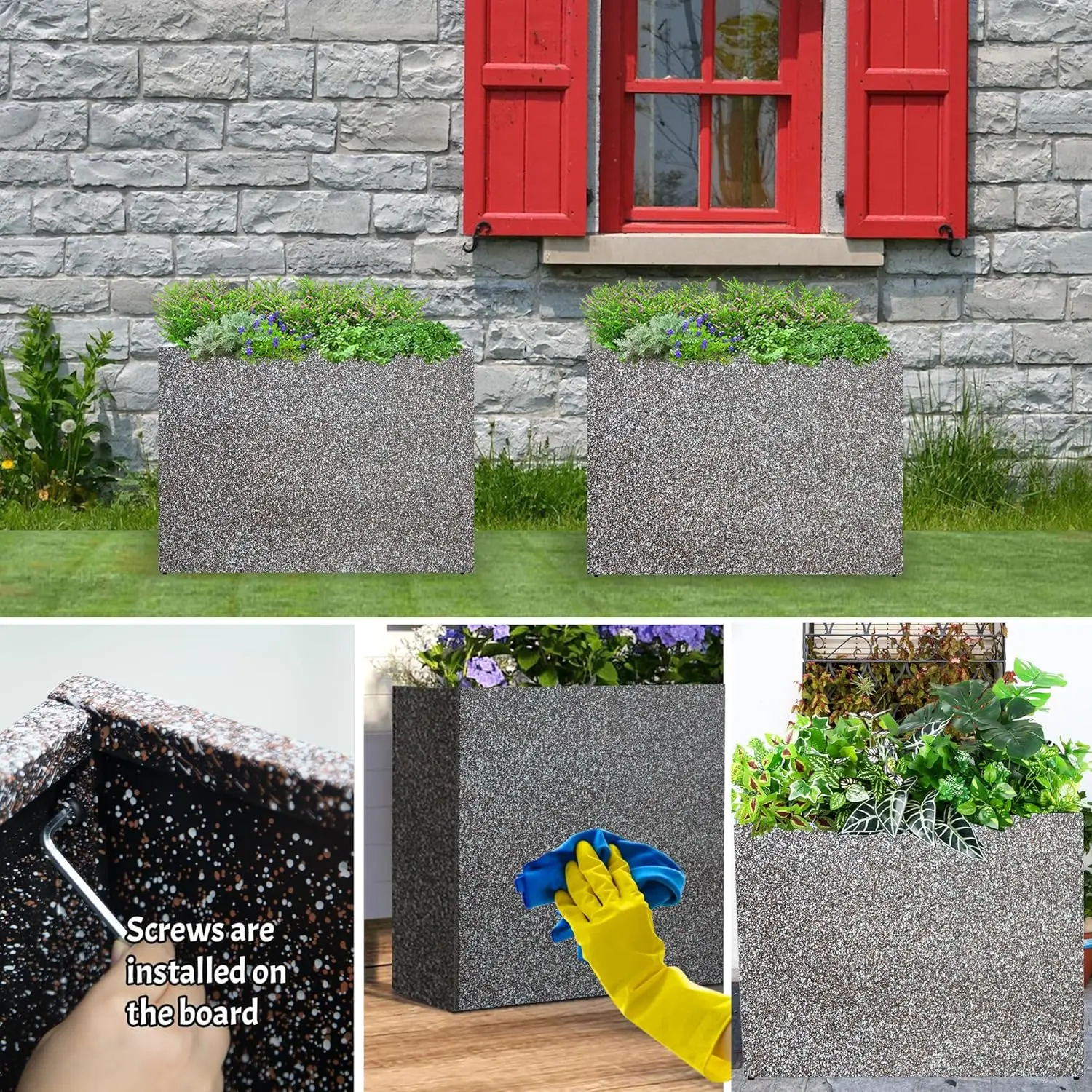 Metal Planter Box Rectangular Planter, 35.5" Lx 10" Wx 28" H Terrazzo Pink Large Planters with Drainage Holes