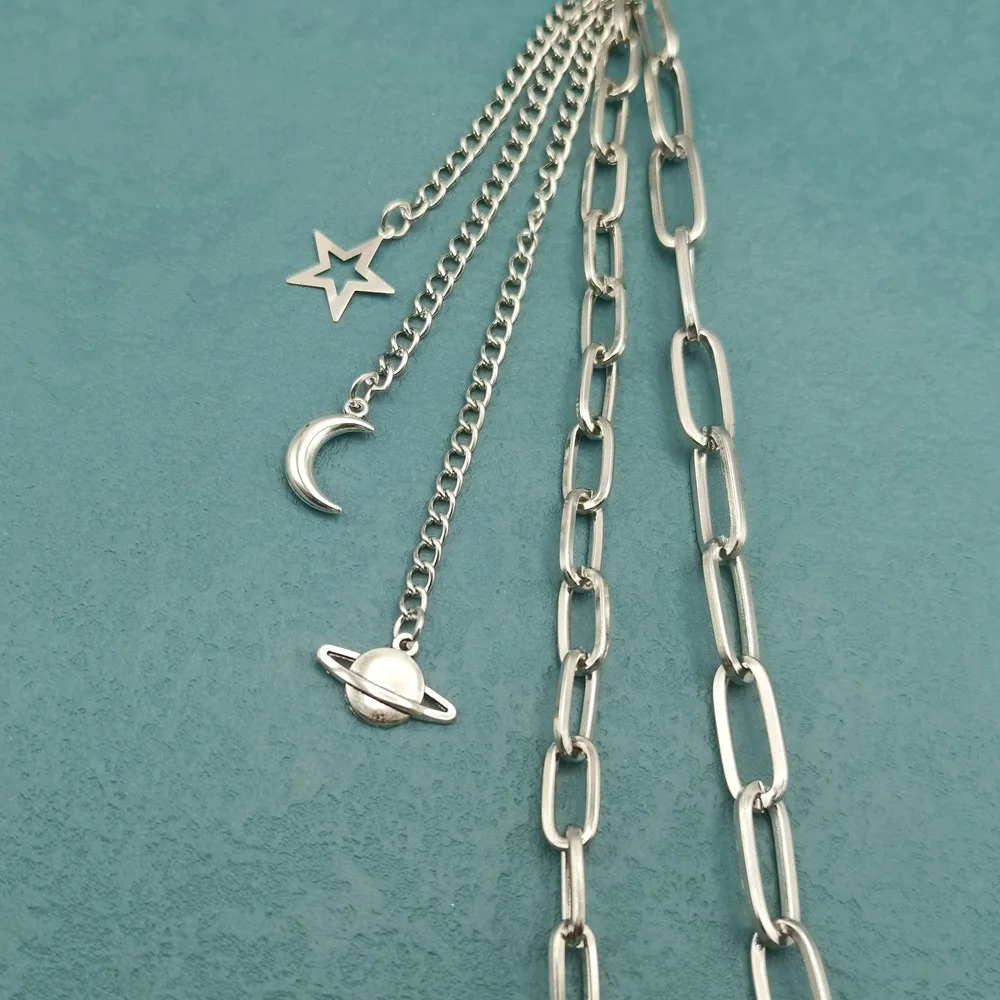 Punk Gothic Multi Layer Metal Waist Chain Belt with Moon Star Planet Pendants Hip Chain Rave Festival Party Accessory Decor
