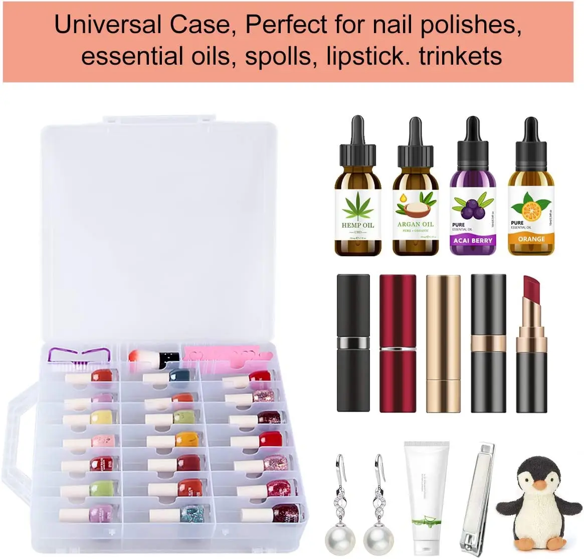 Portable Nail Polish Organizer Clear Double Side Nail Polish Holder Gel Nail Storage for 48 Bottles with 6 Adjustable Dividers