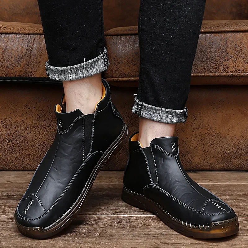 Autumn Winter Elegant Chelsea Boots Leather Men Shoes Round head Luxury designer Ankle boots Anti slip black Slip-on Big Size 47 chelsea boots