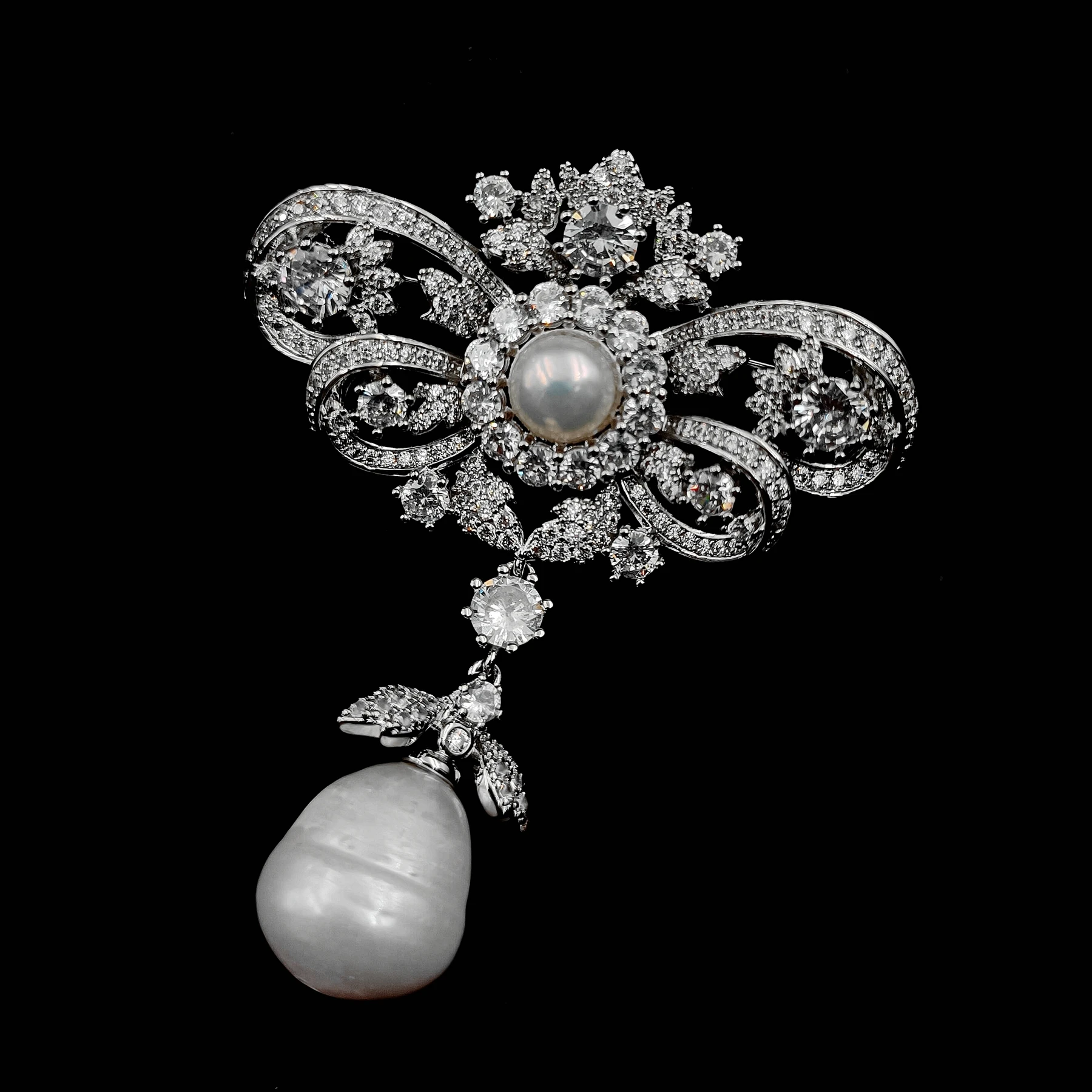 Queen Vintage Silver Tone Double Ribbon Bow & Imitated Baroque Pearl Drop Brooches Pins Edwardian Wedding Bridal Guest Accessory