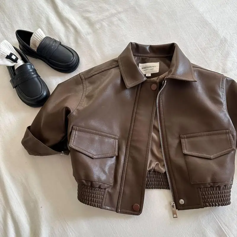 Brown PU Leather Toddler Jacket - Zipper Coat with Lapel Collar for 2-10Y