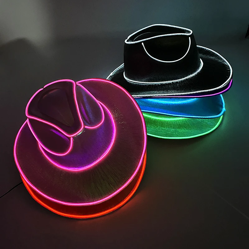 

Hot Sale Summer LED Light Up Masquerade Hat Luminous Neon Cowboy Hat Beach Club Props Glowing Bride Cowgirl Hat Supplies