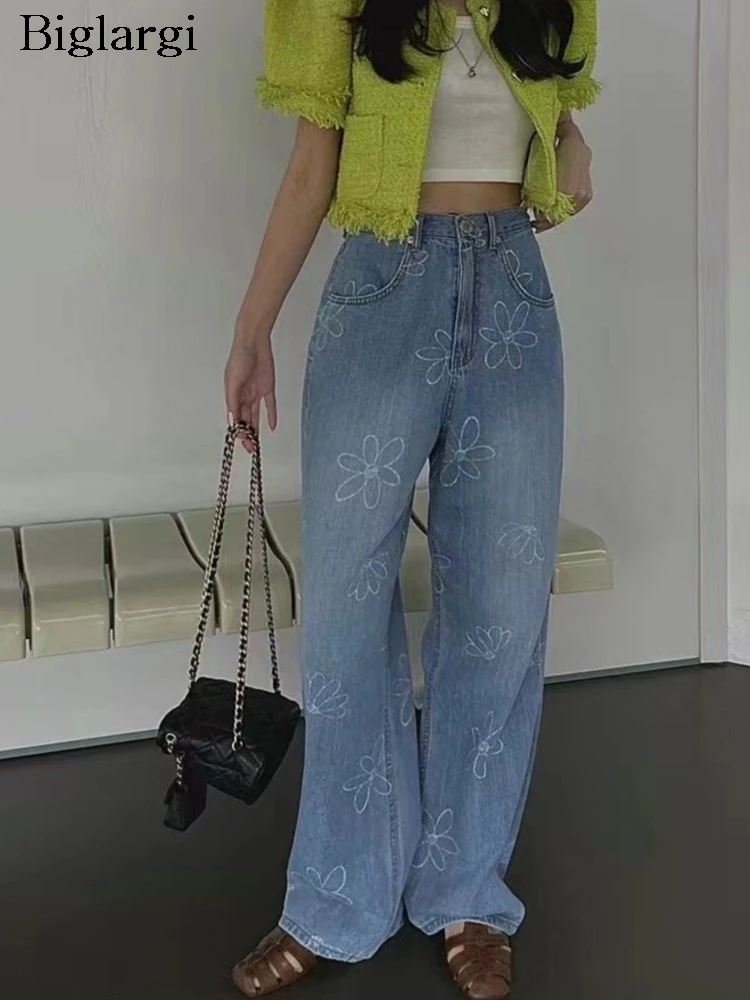 

Jeans Spring Summer High Waist Long Straight Pant Women Flower Floral Fashion Casual Ladies Trousers Loose Pleated Woman Pants