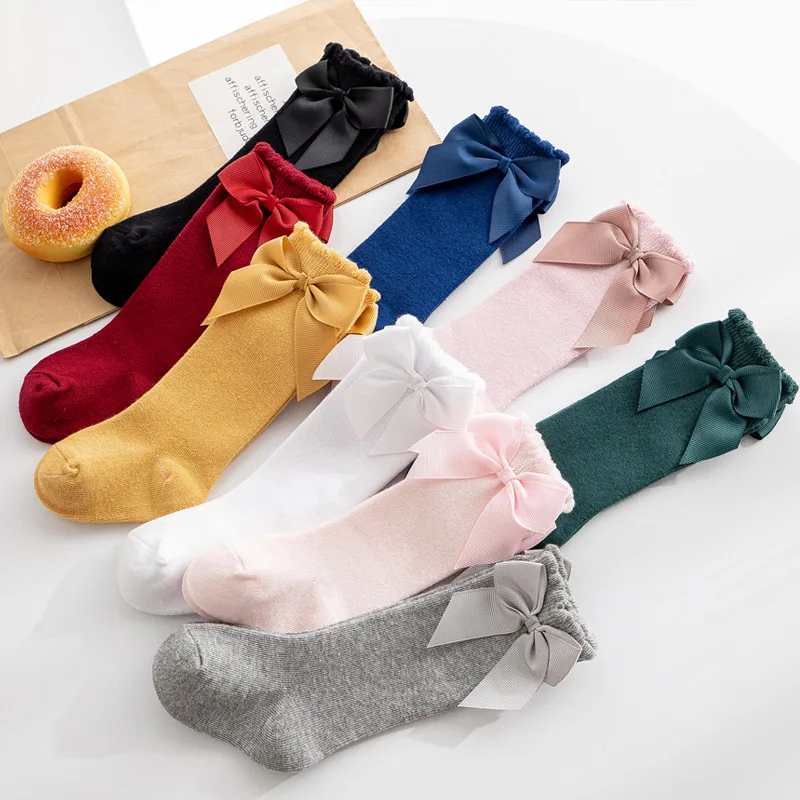 1 Pair Girls Solid Socks With Bows 100% Cotton Baby Children Sock Soft Toddlers Long Socks Kids Princess Knee High Socken 0-7yrs 2