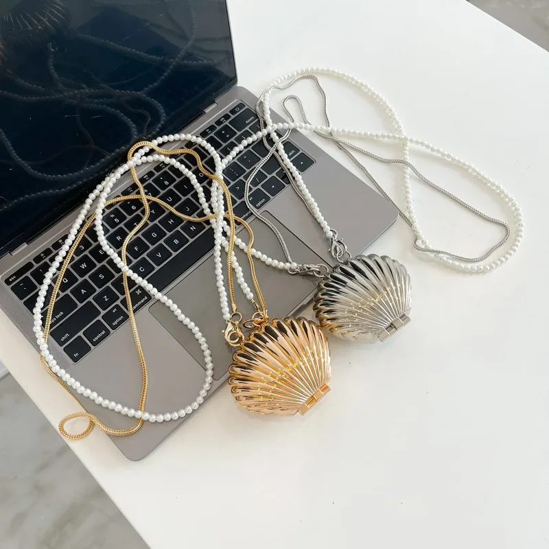 Chic Mini Metal Shell Crossbody Bag Pearl Chain Lightweight Magnetic Closure Detachable Strap Women