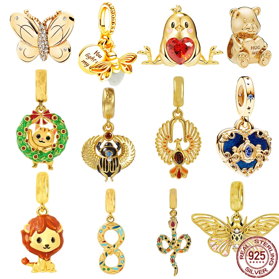 

Gold Plated 925 Sterling Silver Phoenix，Cat with Wreath，Glow Firefly Dangle Charm Bead Fit Original Pandora Bracelet DIY Jewelry