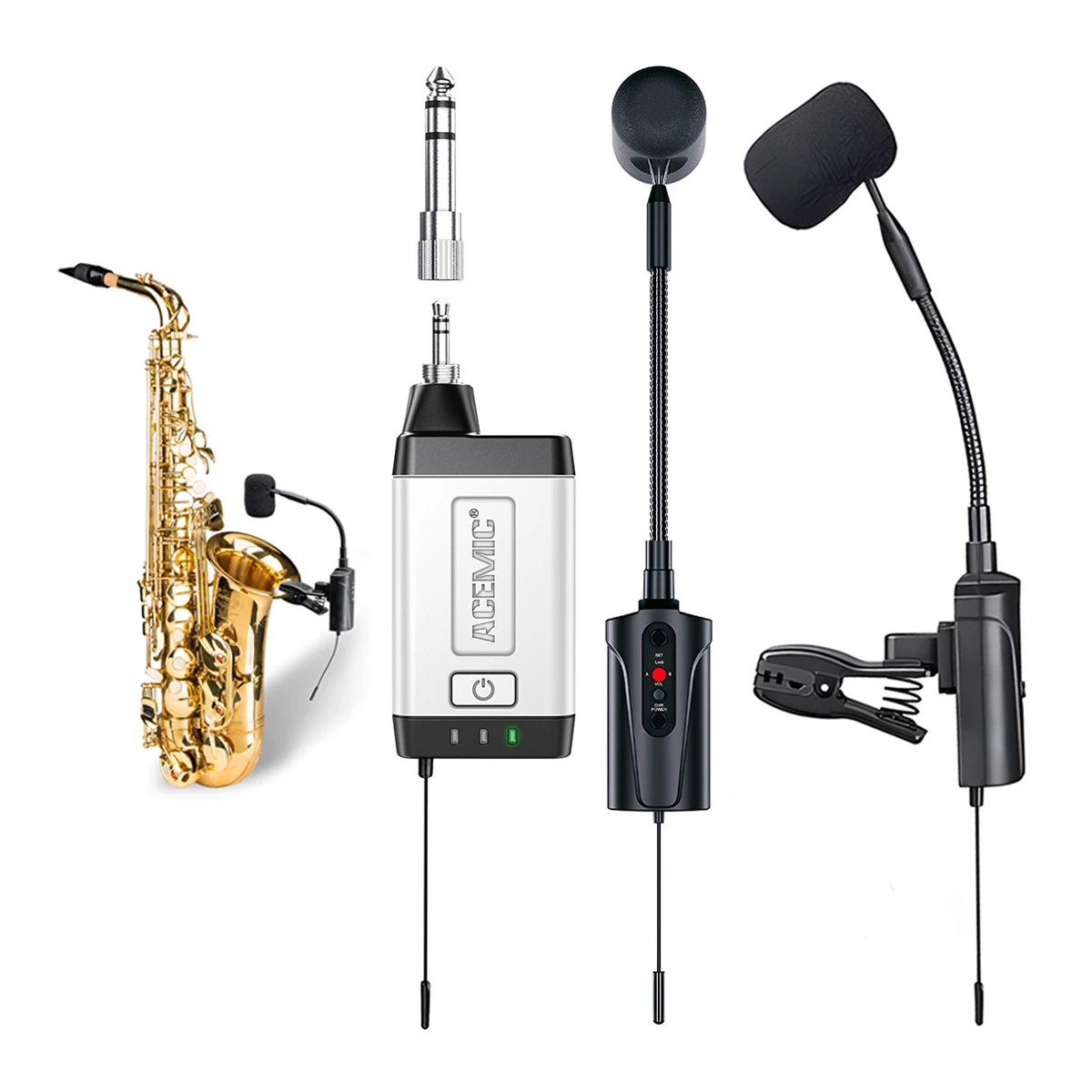 Wireless Microphone for Saxophone Dual Channel UHF Condenser for Saxophonist Playing Recording Stage Performance Acemic Q2/ST-5