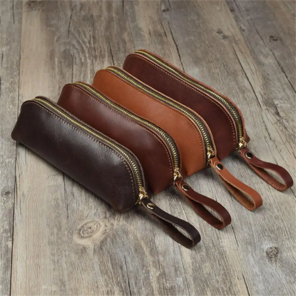

Handmade Genuine Leather Pencil Bag Vintage Cowhide Zipper Pen Case School Bag