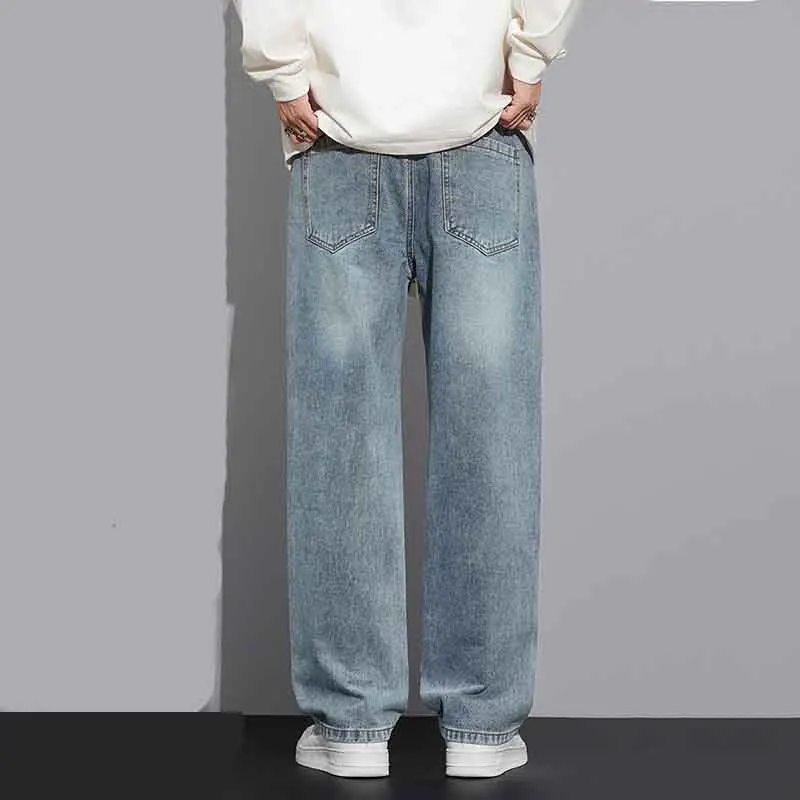 Korean Vintage Blue Wash Loose Casual Wide Leg Jeans Men Elastic Waist Drawstring Pocket Summer Versatile Straight Denim Pants