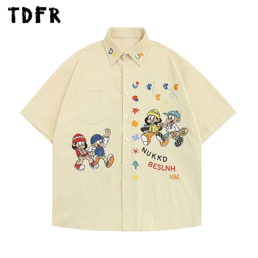 Mens Cartoon Embroidery Cargo Shirts Summer Retro Casual Streetwear Lapel Single Breasted Short Sleeve
