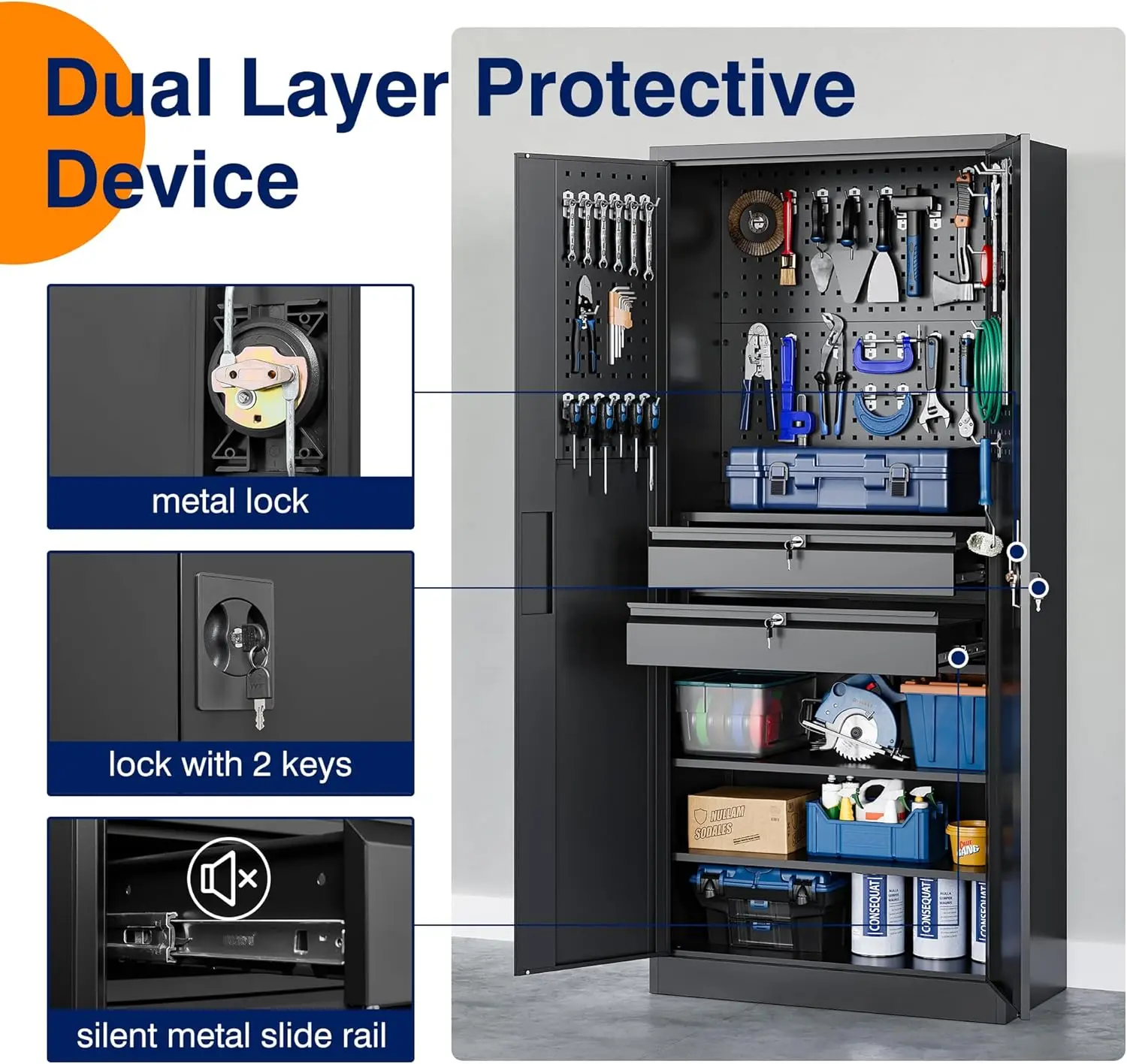 Metal Garage Storage Cabinet with Locking Doors and 2 Drawers, Heavy Duty Steel Tool Cabinet with Pegboard, 71" - Lockabl 6