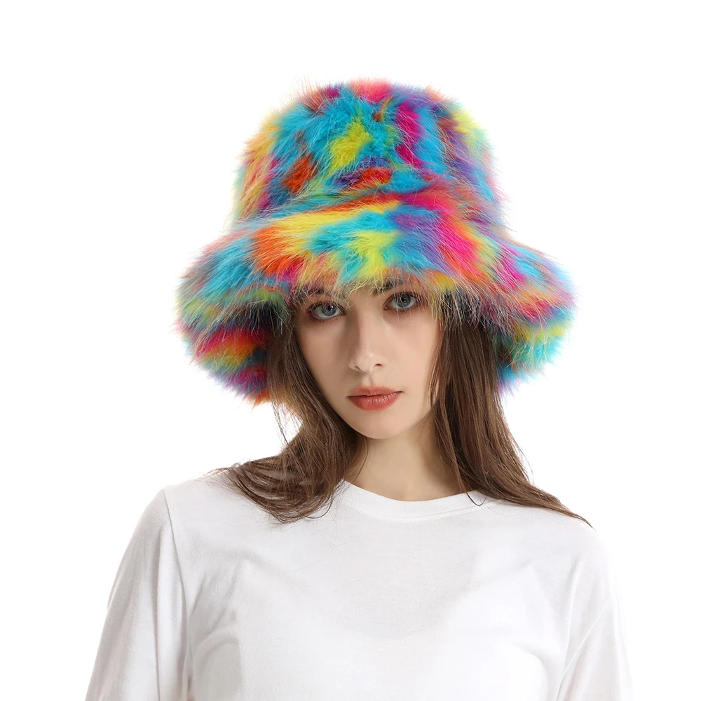 Winter Warm Faux Fur Bucket Hats For Women Outdoor Caps Soft Fleece Fisherman Cap Fluffy Earwarmer Ski Vacation Hats