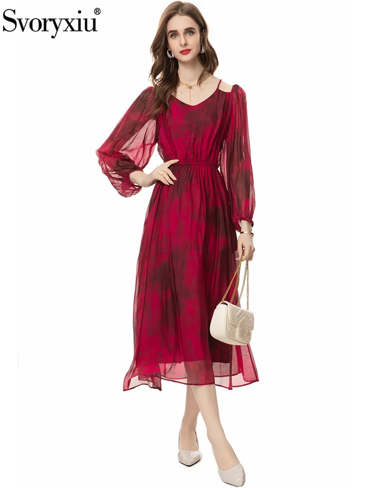 

Svoryxiu Runway Fashion Autumn Burgundy Vintage Elegant Midi Dress Women's V-Neck Lantern Sleeve High Waist Print A-Line Dress