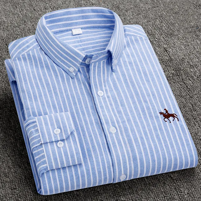 100% Cotton Oxford Shirt Men's Long Sleeve Embroidered Horse Casual Without Pocket Solid Yellow Dress Shirt Men Plus Size 5XL6XL Blue Stripe