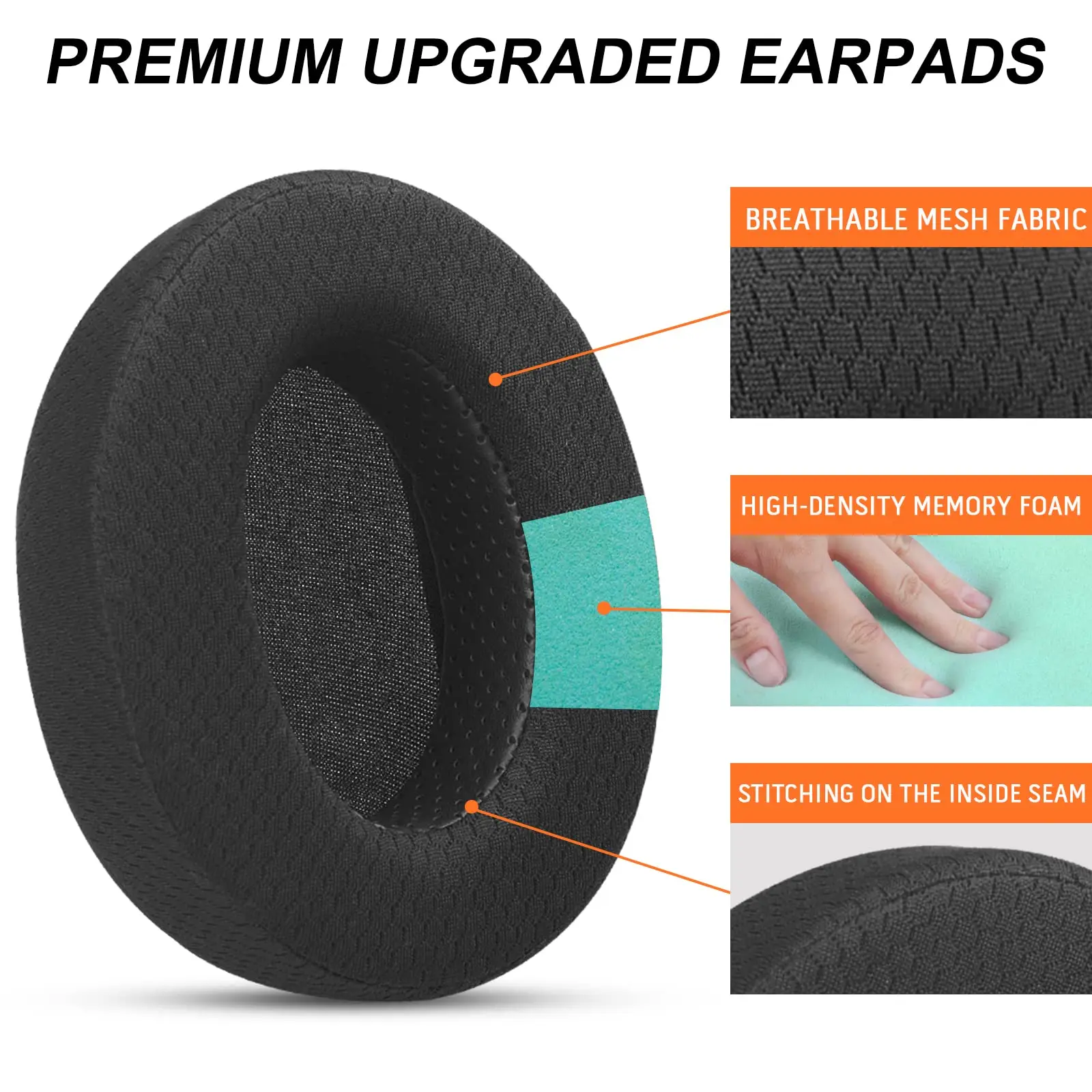 Upgraded Replacement Mesh Fabric Earpads Cushions for HyperX Cloud/Alpha, Audio Technica M50X/M40X headphones (Added Thickness)