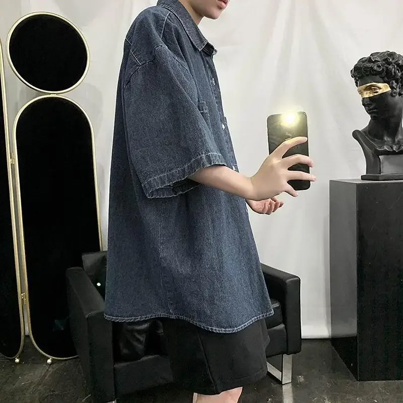 Summer Men's Loose Short Sleeve Denim Shirt Stylish Korean Style Casual Workwear Trendy Top Brand Fashionable Outerwear