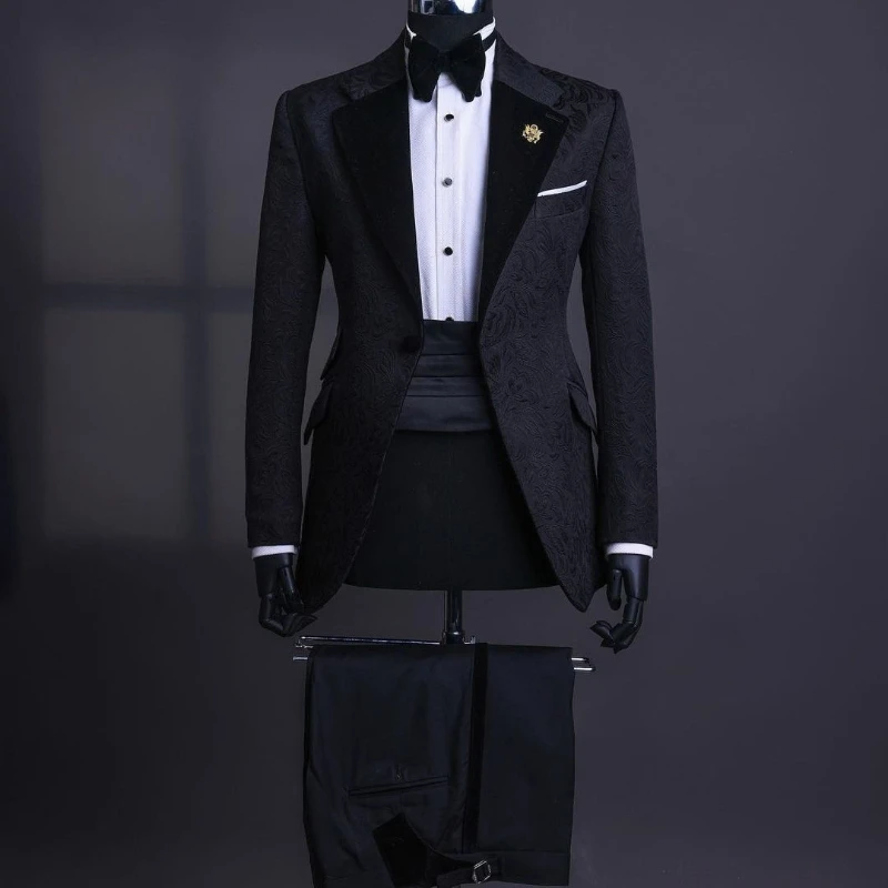 Jacquard Blazer Black Pants 2 Pieces Men Suits One Button Peaked Velvet Lapel Formal Party Wedding Groom Plus Size Tailored