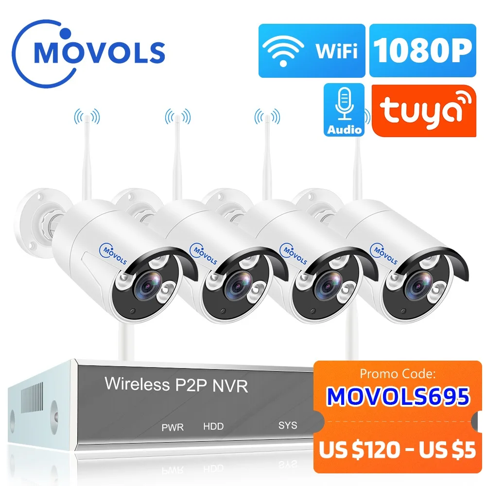Security Camera Smart Outdoor Camera MOVOLS H.265 Wireless CCTV System 8CH 1080P Tuya NVR 2MP Outdoor Waterproof Wifi IP Audio Video Surveillance Kit