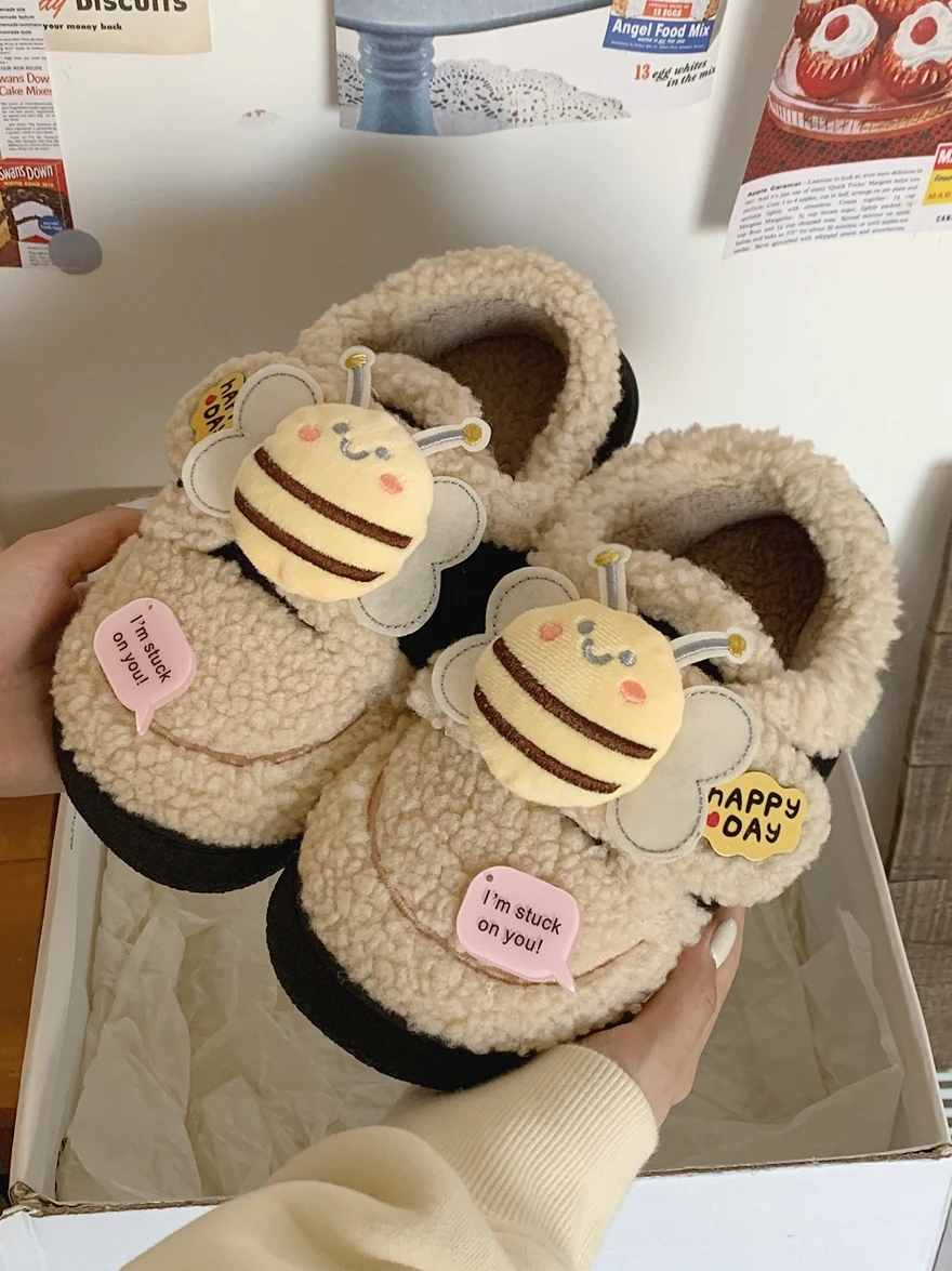 Bee Cute Cotton Home Slippers Shoes Female Winter Parent-child Wearing Non Slip Warm Boys' Girls' Baby Shoes Household Slipper