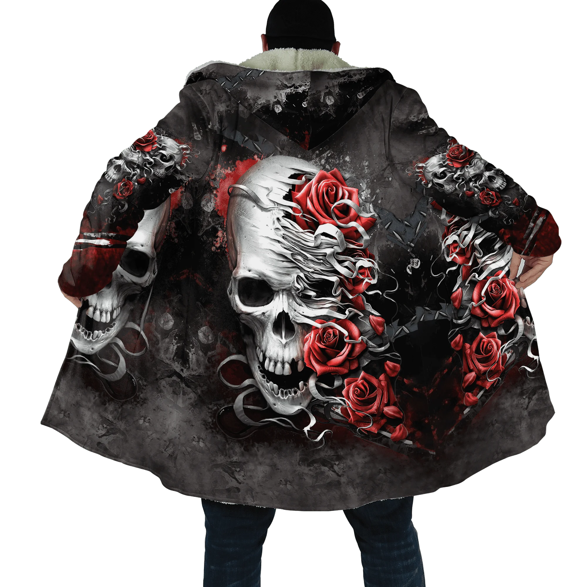 PLstar Cosmos Herren-Umhang, Totenkopf, Teufel, Tattoo, 3D-Allover-bedruckter Fleece-Kapuzenumhang, Unisex, lässig, dick, warm, Umhang, Mantel PF71 – Detail 11