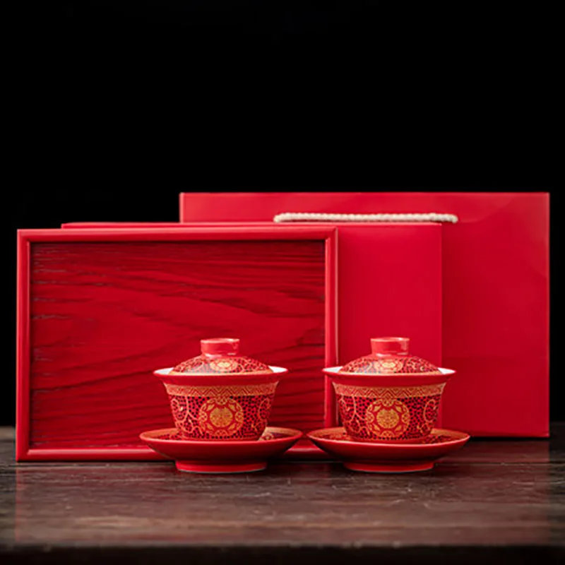 Gaiwan 2 Suits Porcelain Teacups, 200ml Cups, Chinese Double Happiness Cover, Bowl Saucer for Red Wedding Party, Marriage Supp