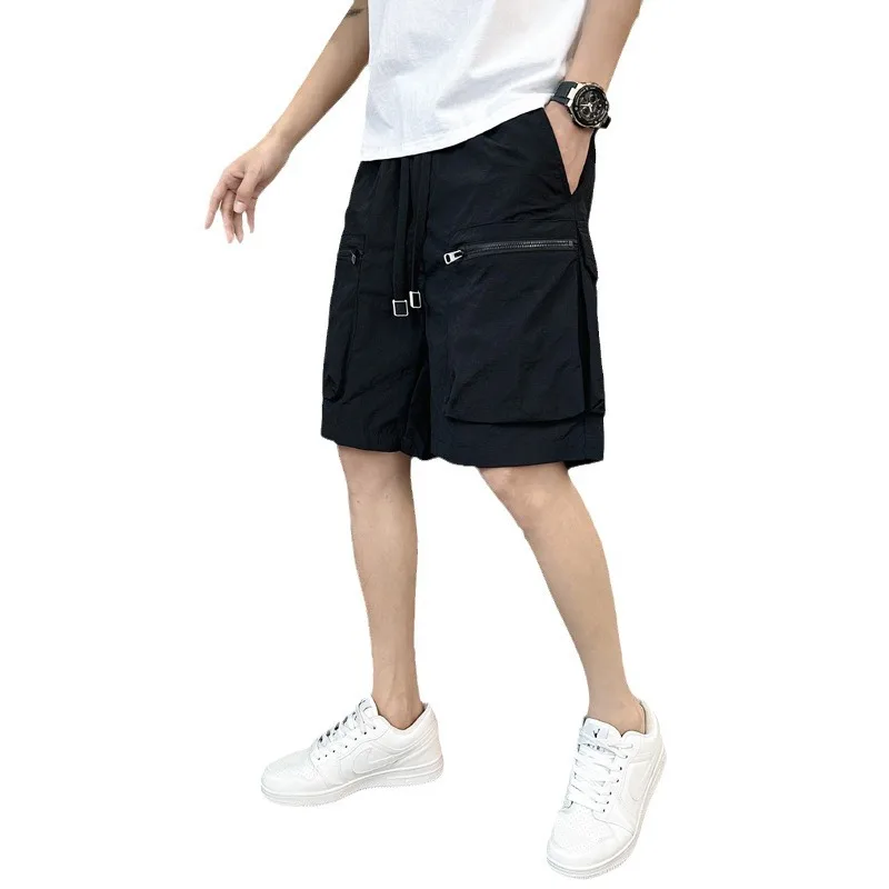 Mens Gym Quick-drying Pocket Zipper Shorts Elastic Waist Short Pants Nylon Utility Cargo Shorts